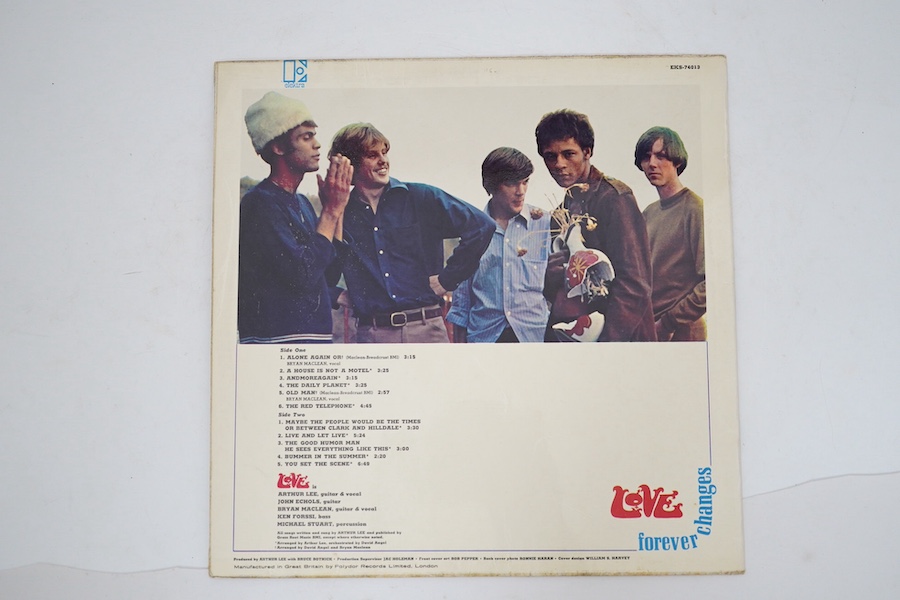 Love; Forever Changes LP record album, on orange stereo Elektra label, EKS 74013 A1/B1. Condition - fair to good, light surface scratches and minor wear to cover.